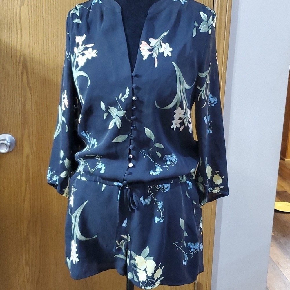 Joie silk 3/4 sleeve floral romper shorts black pink green